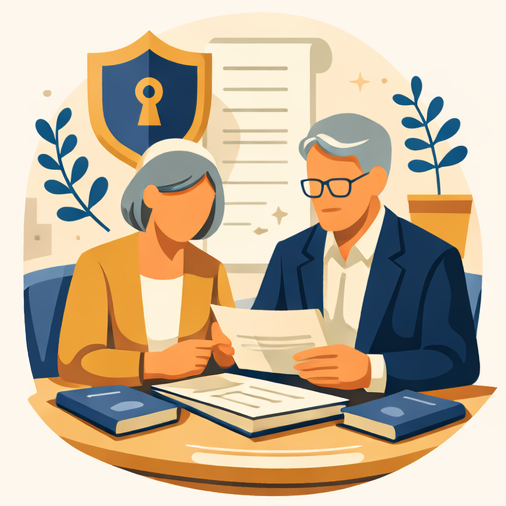 Illustration of a man and woman sitting at a desk, reviewing documents, with a shield symbol and a scroll in the background.