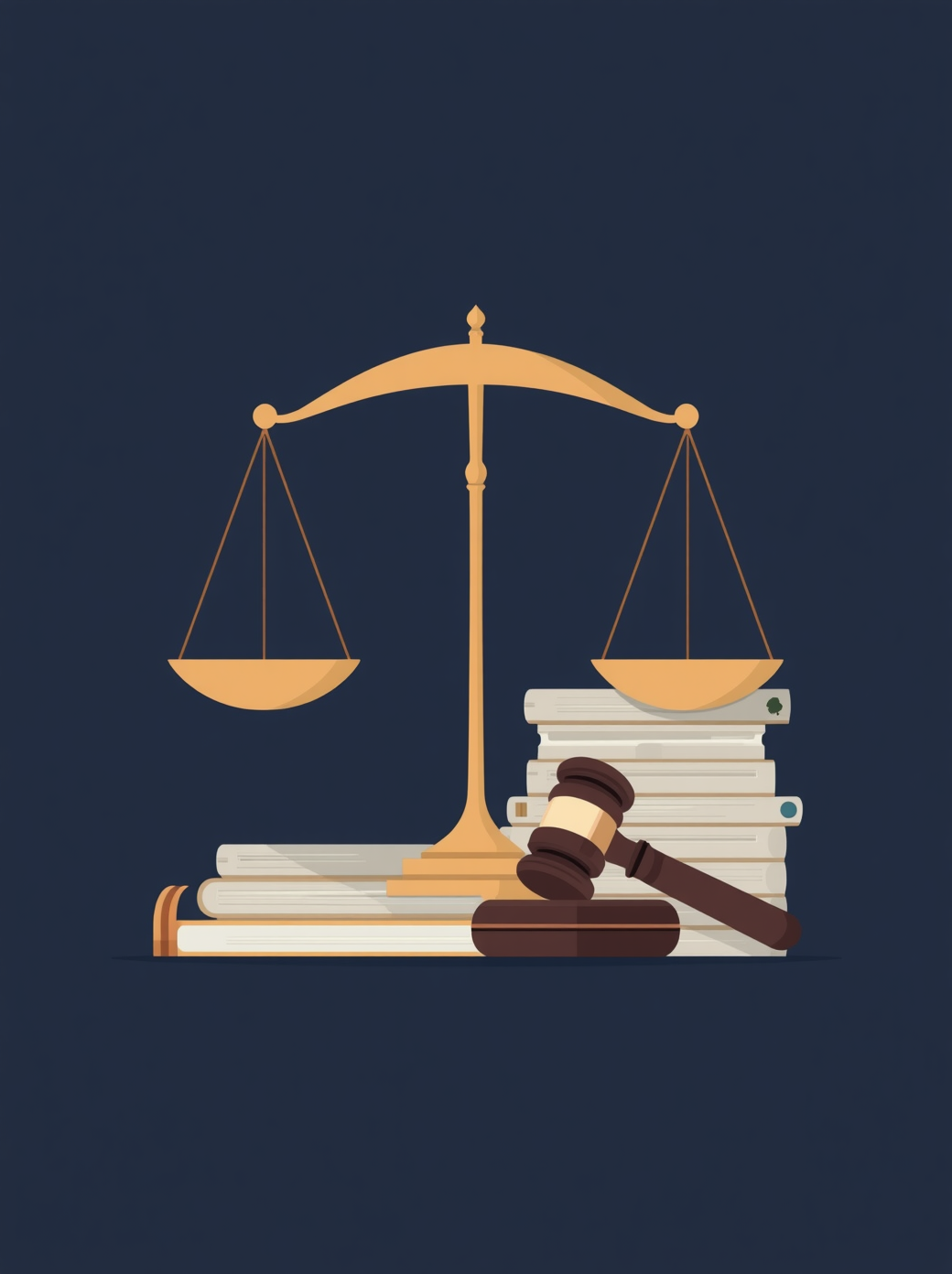 Scales of justice, a gavel, and legal books set against a dark background.