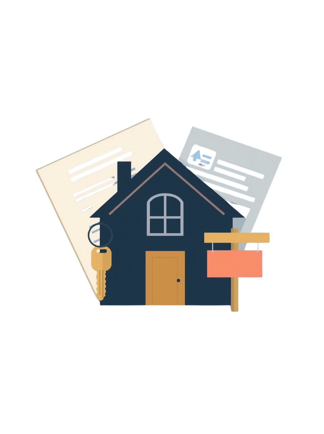 Illustration of a house with a key, documents, and a blank sign in front.