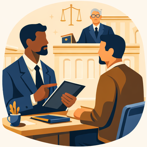 A courtroom scene with two men talking at a table, a judge in the background behind a bench, and scales of justice on the wall.