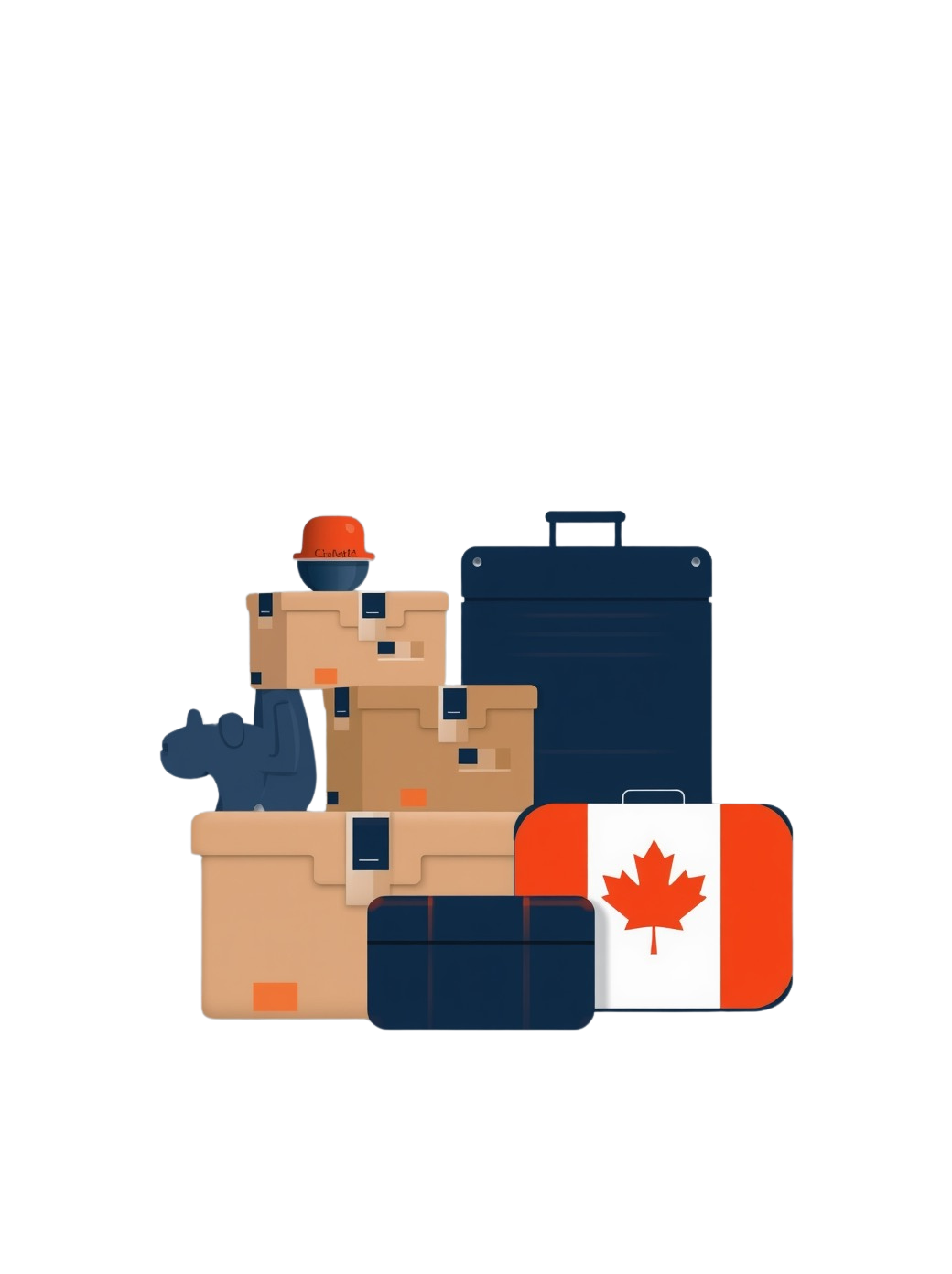 Stacked cardboard boxes, a black bag, a blue bear-shaped item, and a Canadian flag suitcase beside a large blue container filled with bright blue liquid.