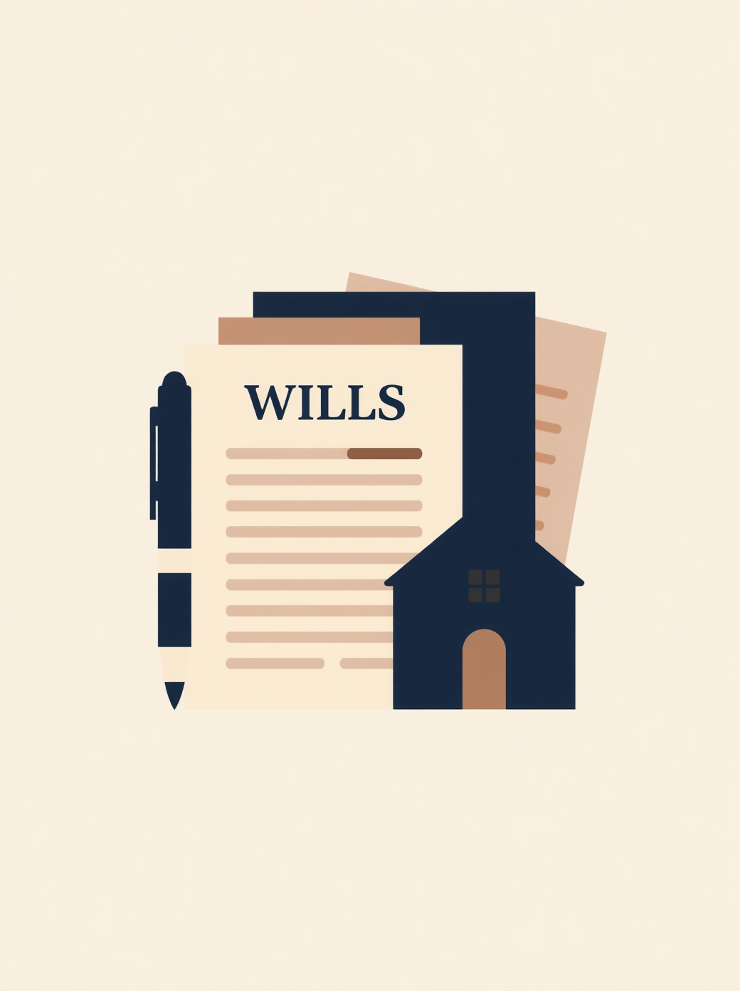 Illustration of a legal document titled 'WILLS' with a pen, a house icon, and some papers in the background.