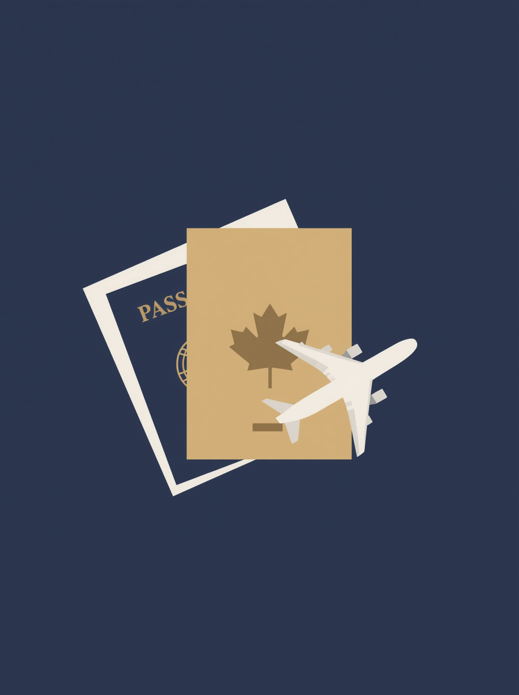 Illustration of a Canadian passport, a boarding pass, and a toy airplane on a dark blue background.