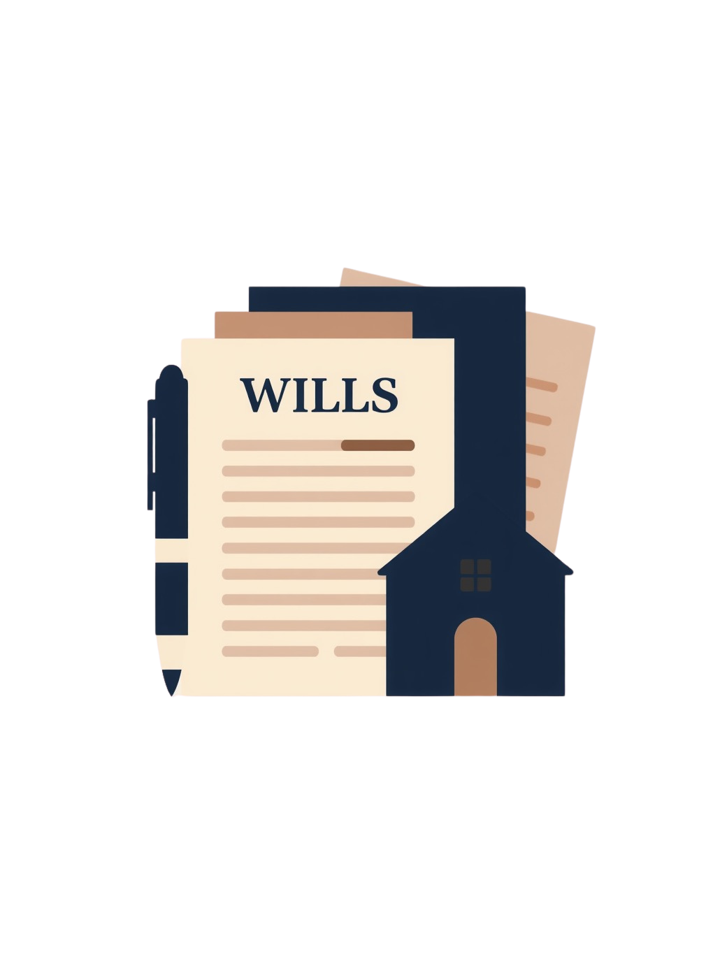 Illustration of financial documents and a small house, with one document labeled 'WILLS'.
