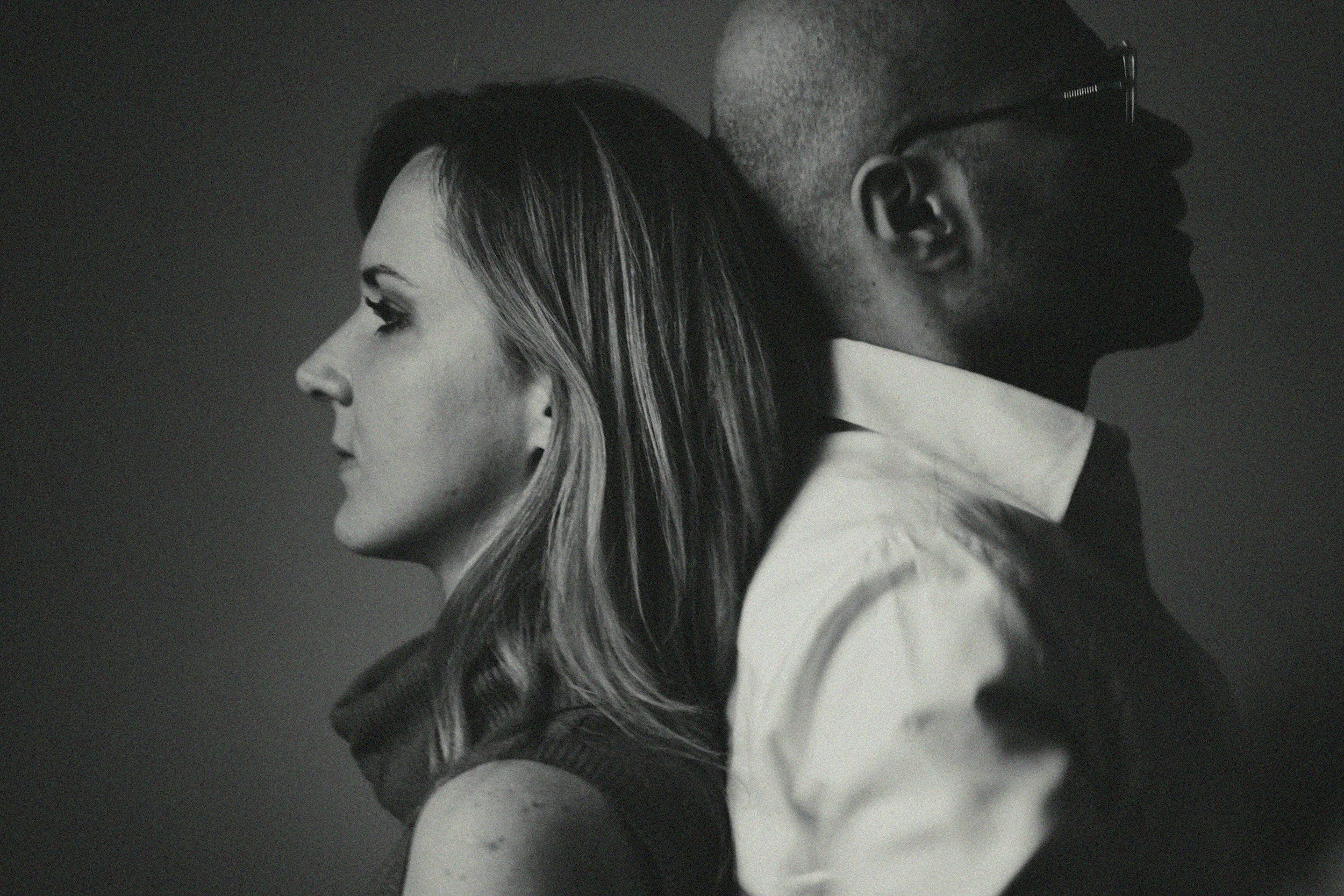 Side profile photos of men and women both facing opposite directions in their marriage relationship.