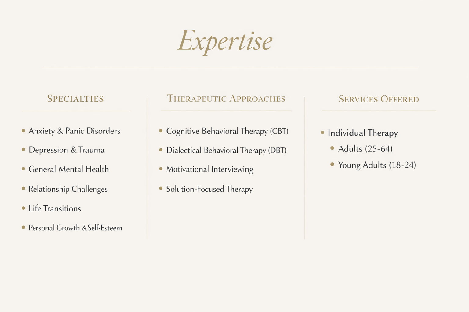 A webpage titled 'Expertise' with three columns listing specialties, therapeutic approaches, and services offered. The specialties include anxiety, depression, mental health, relationship challenges, life transitions, and self-esteem. The approaches include cognitive behavioral therapy and motivational interviewing. The services include individual therapy for adults and young adults.