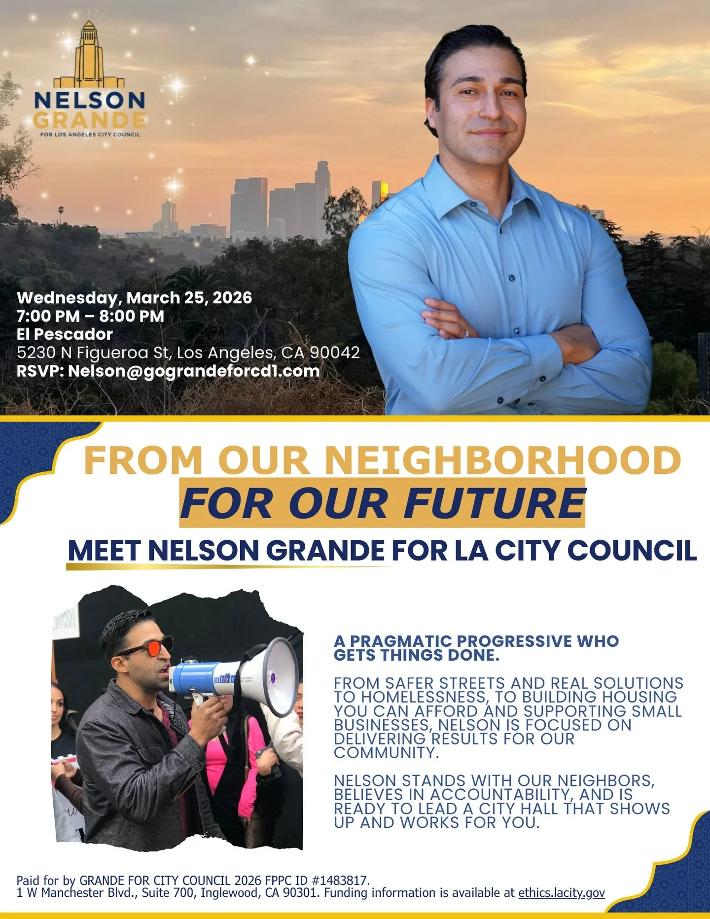 This is part of my listening tour, and I&rsquo;d love to see you tomorrow night at El Pescador. Let&rsquo;s talk about safer streets, housing we can afford, and real support for our small businesses.