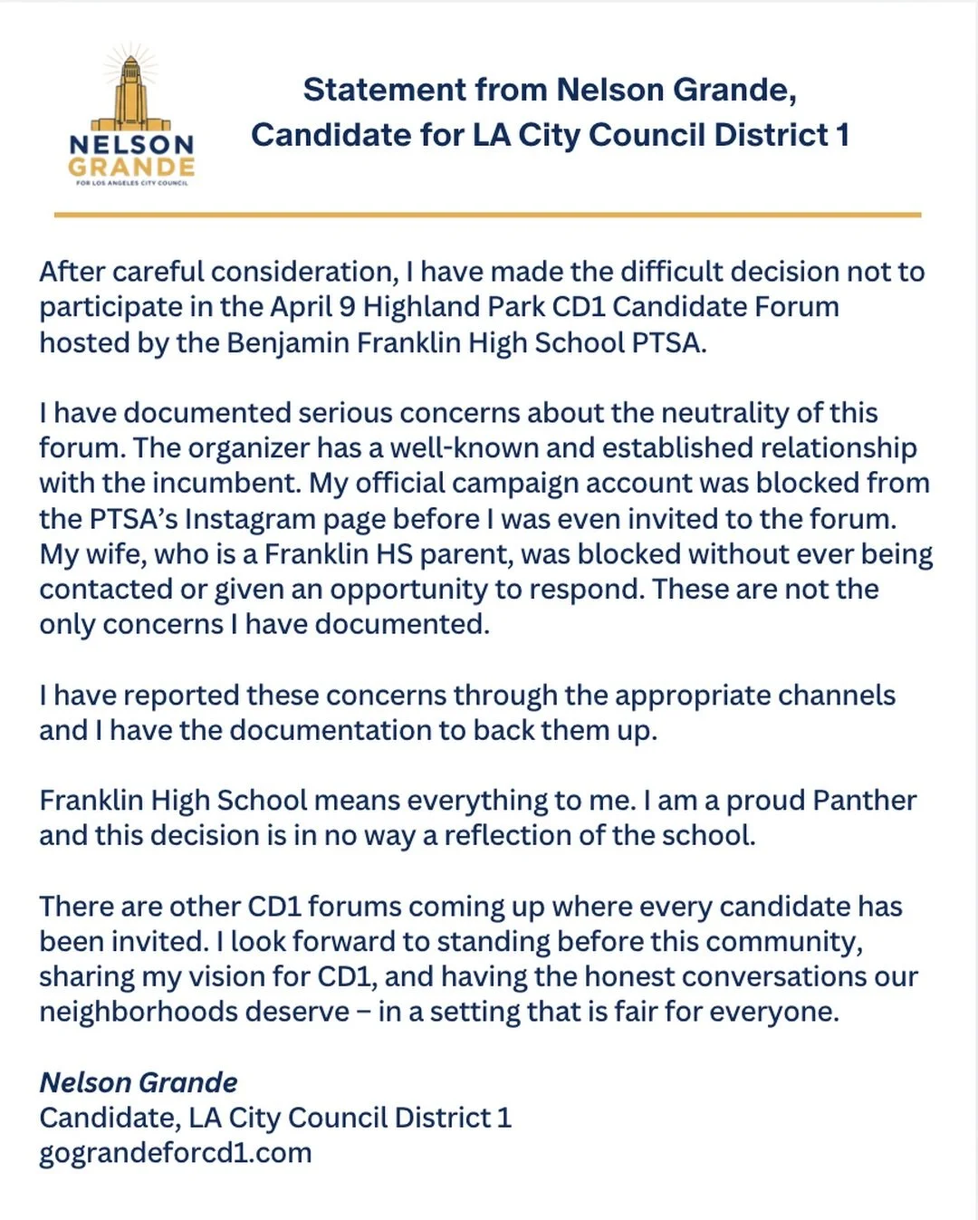 My statement regarding the April 9 CD1 Candidate Forum