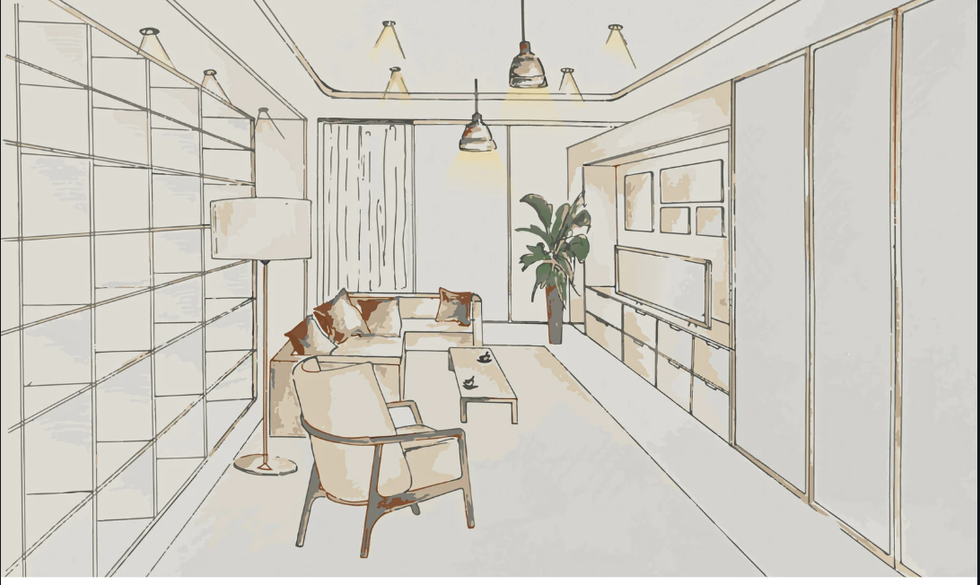 Interior of a modern living room with a sofa, armchair, coffee table, large bookshelf, flat-screen TV, and a tall potted plant.