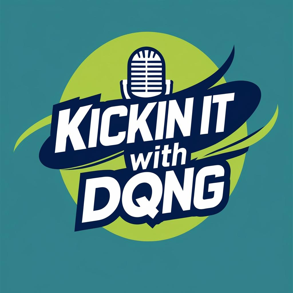Logo for 'Kickin It with DQNG' featuring a microphone above stylized text on a green and blue background.