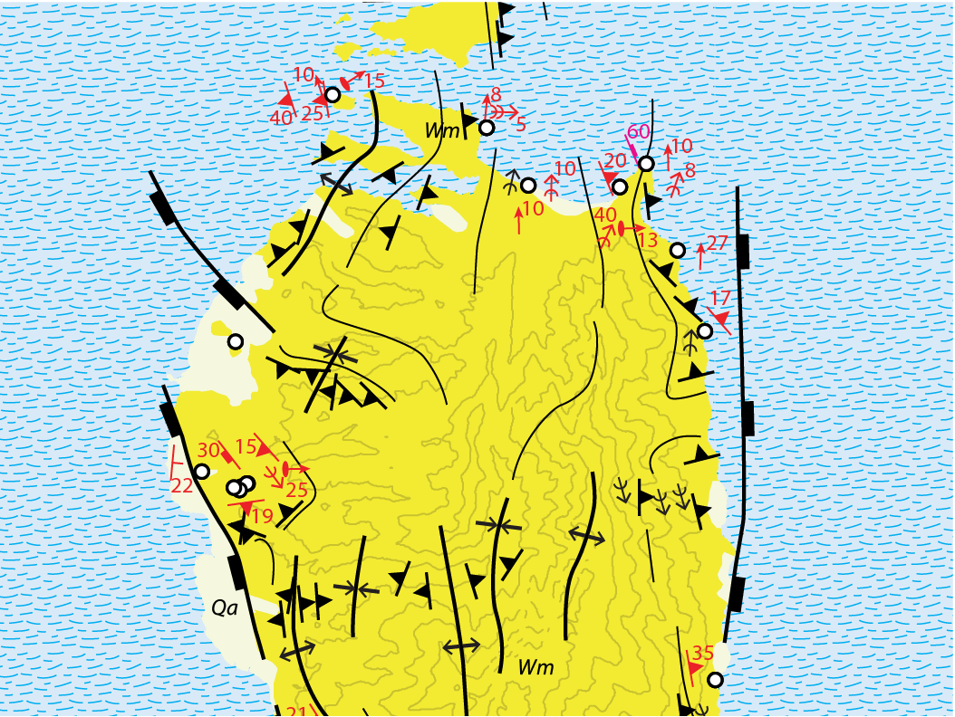 A detailed geographical and geological map of an island with elevation contour lines, terrain features, and symbols indicating tectonic activity, faults, and geological formations in shades of yellow.