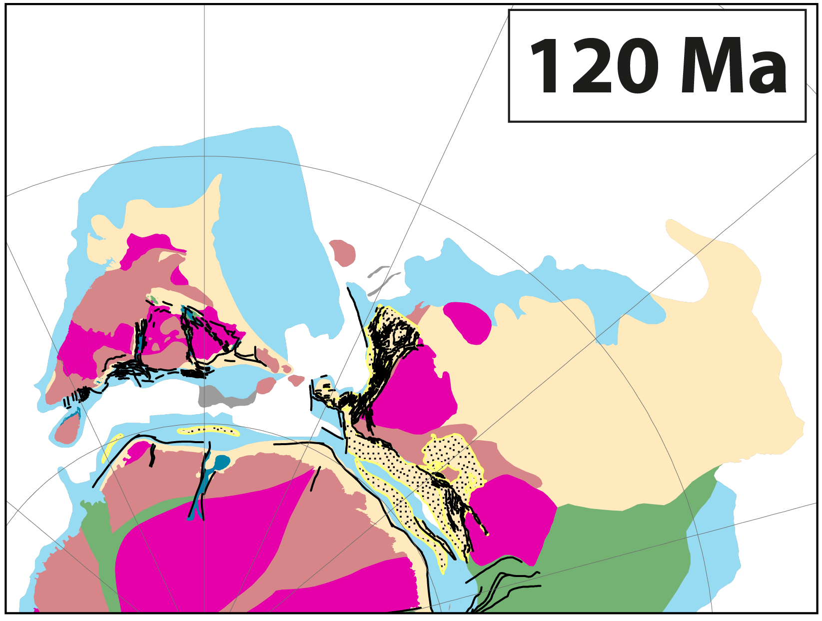 A plate tectonic reconstruction showing the restored position of geological maps of India, Antarctica and Australia for the time period of 120 million years ago.