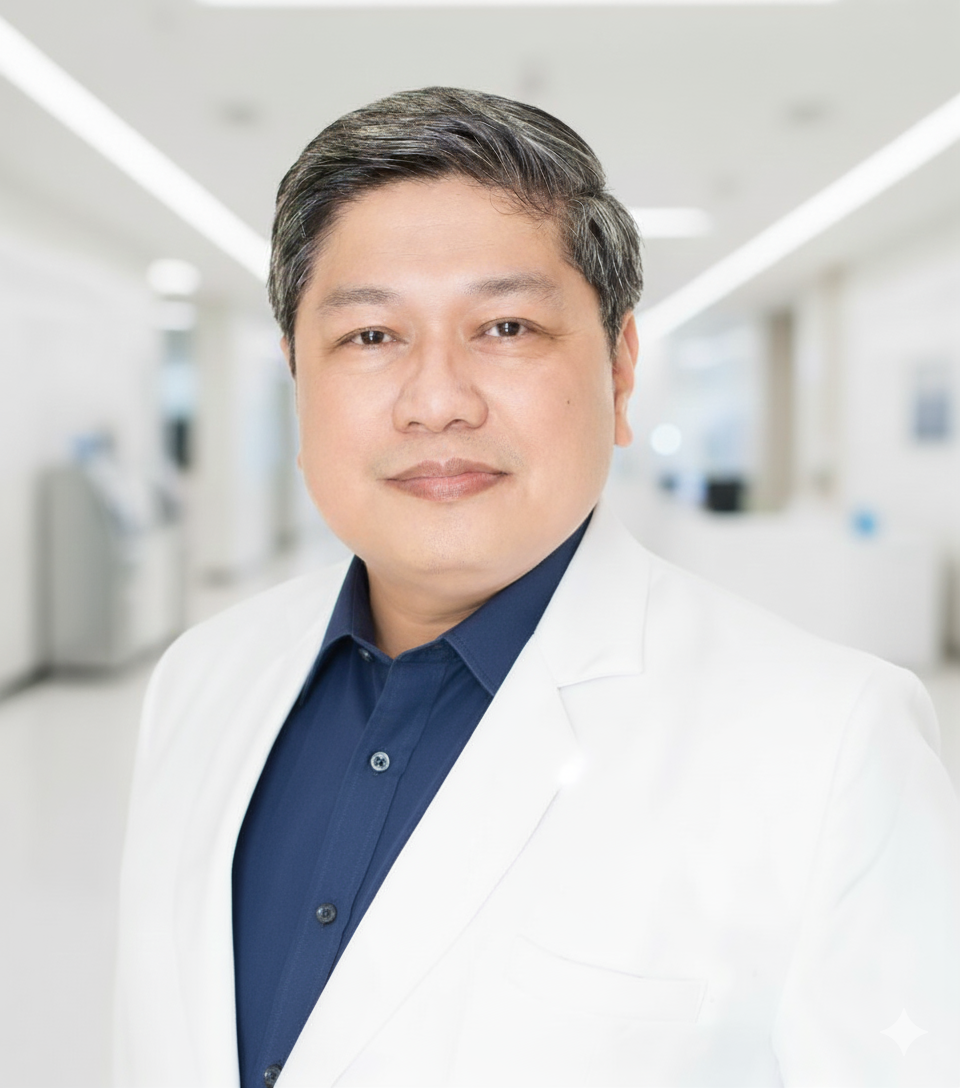 A male ophthalmologist wearing a white coat and dark blue shirt in a bright hospital hallway.