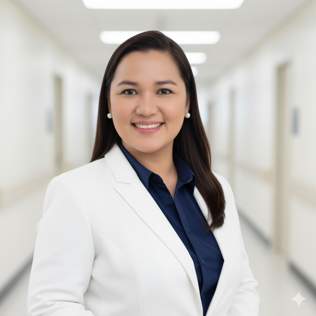 A smiling optometrist in a white blazer and navy blue shirt standing in a hospital corridor.