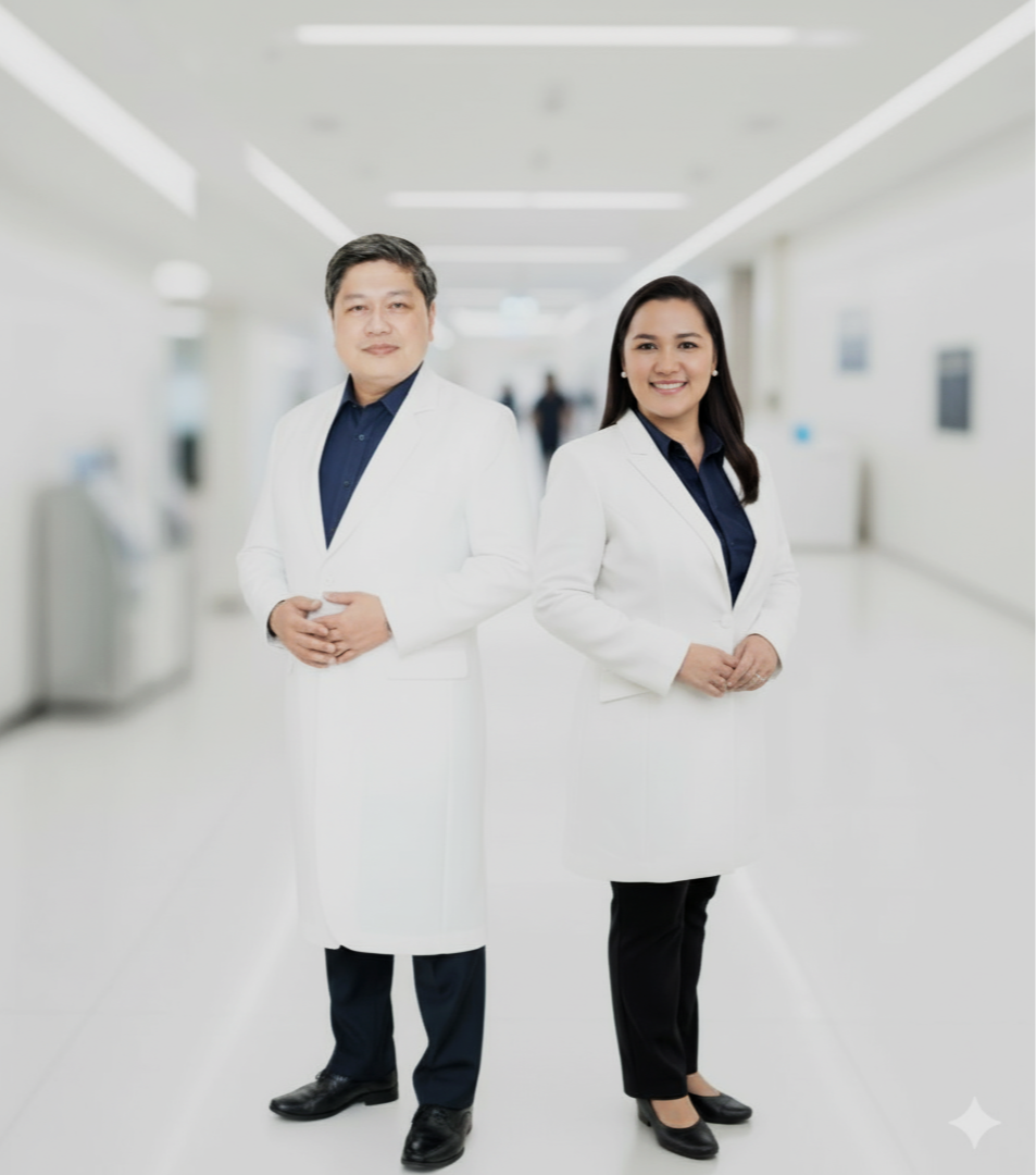 Two medical professionals, an ophthalmologist and an optometrist, standing in a hospital corridor. They are dressed in white blazers over dark clothing, smiling at the camera.