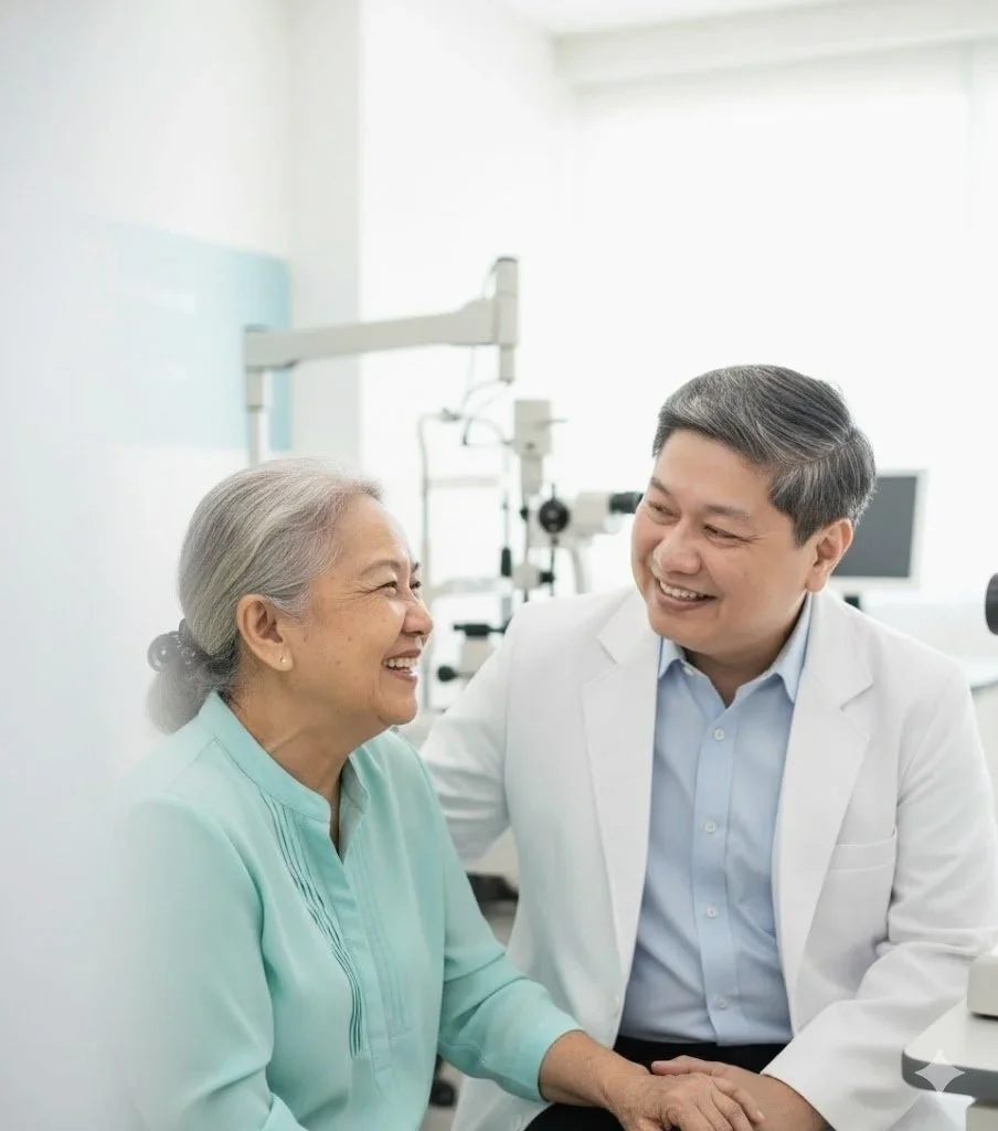 A female patient and Dr Lawrence Tiniio smiling and holding hands in a medical examination room with eye exam equipment in the background.