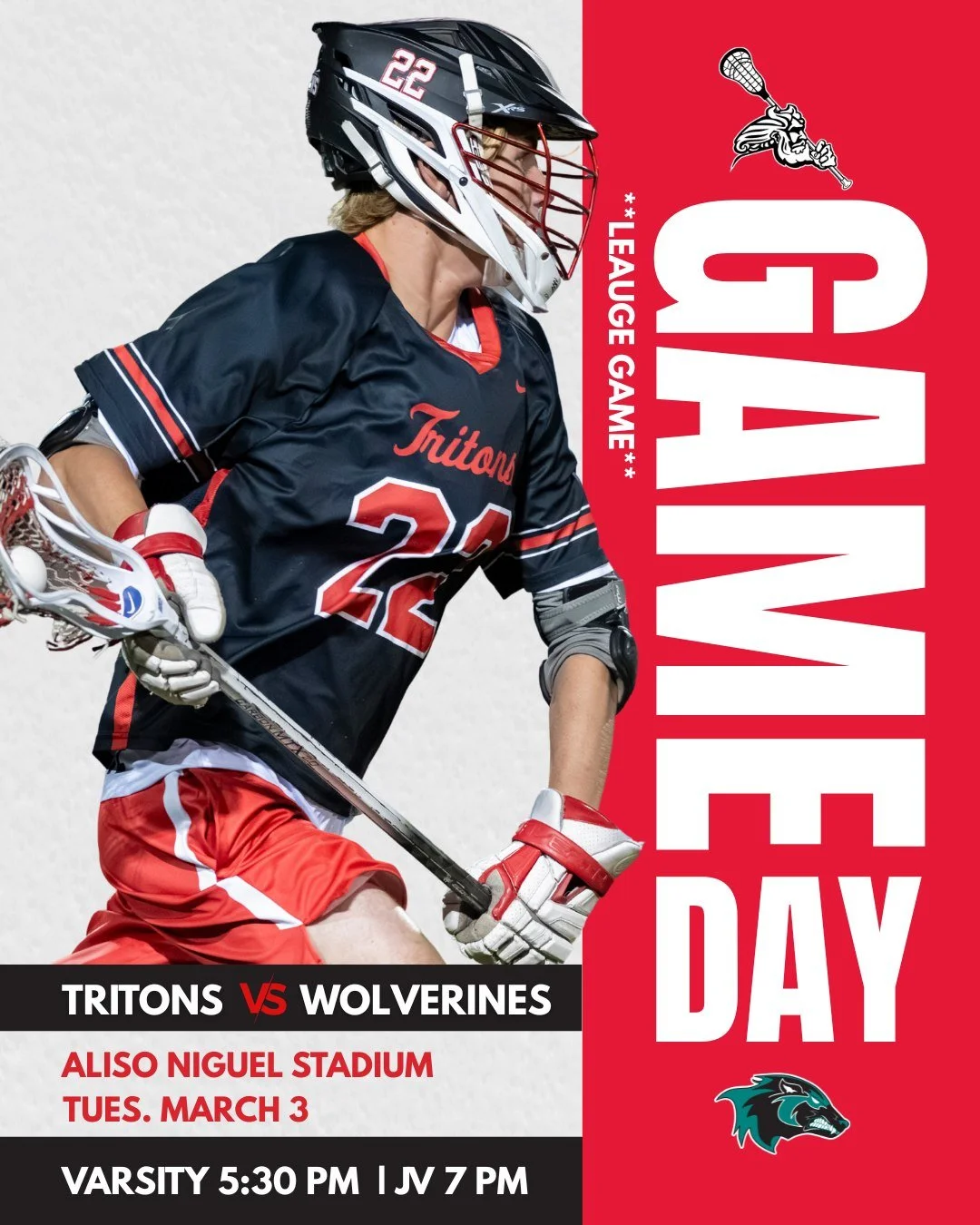 #GAMEDAY On the road tomorrow Triton fans 🥍🔥 We head to Aliso Niguel High School on March 3 for another big matchup. Varsity gets things started at 5:30pm and JV follows at 7:00pm. 

#schstritonslax #onetownoneteam