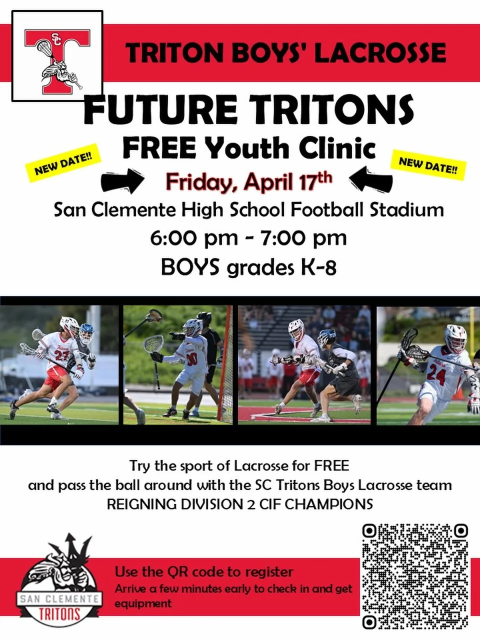 Do you know someone who wants to check out lacrosse? Your Tritons will be hosting a free intro clinic this Friday at Thalassa Stadium 6:00-7:00 PM. No experience needed, come down and check it out!