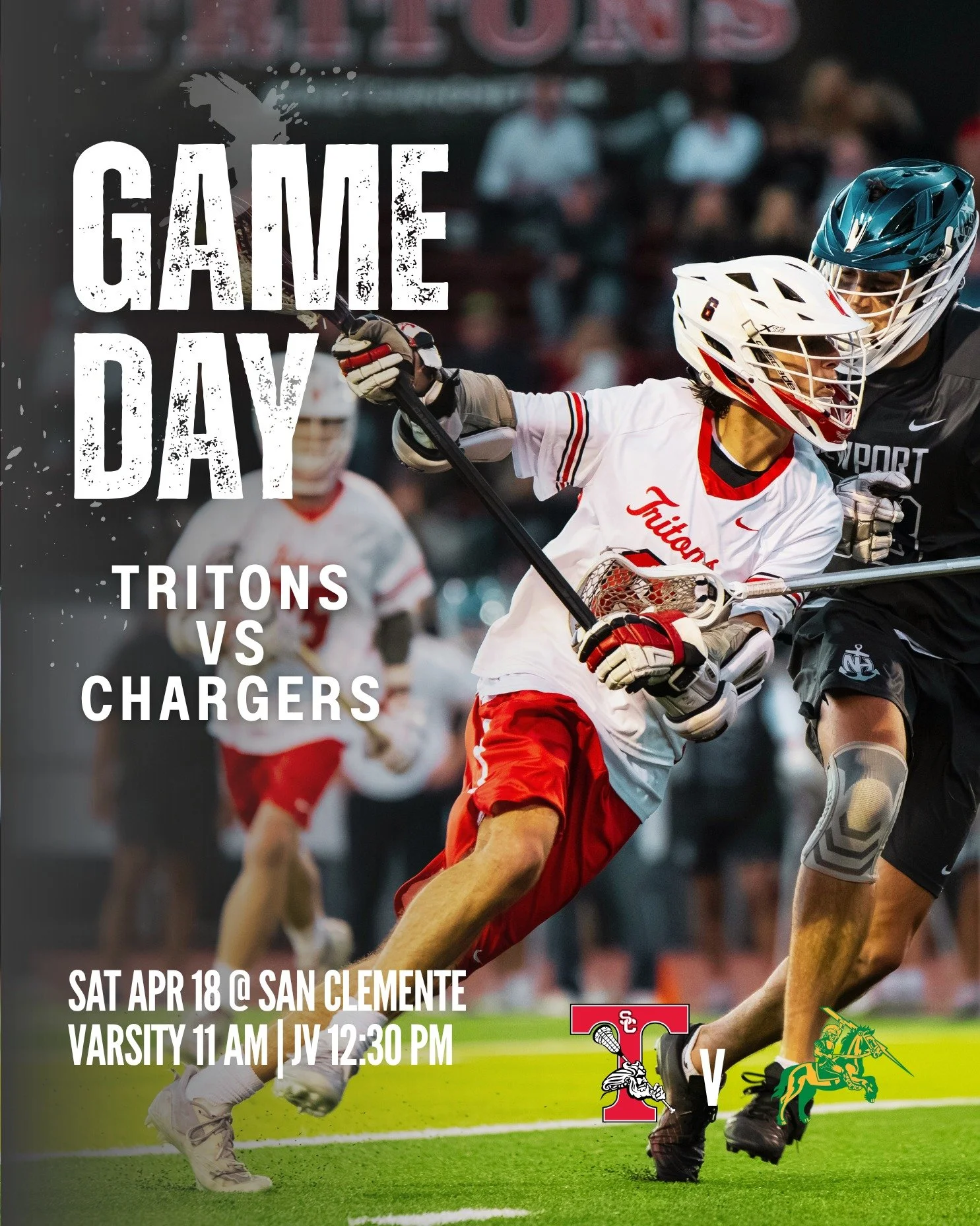 GAME DAY! The Tritons are back at Thalassa Stadium tomorrow, Saturday April 18, taking on the Huntington Beach Chargers 🥍 Varsity faceoff at 11:00am with JV to follow at 12:30pm. Be there and bring the energy.

#schstritonslax #onetownoneteam 🔱🔥
