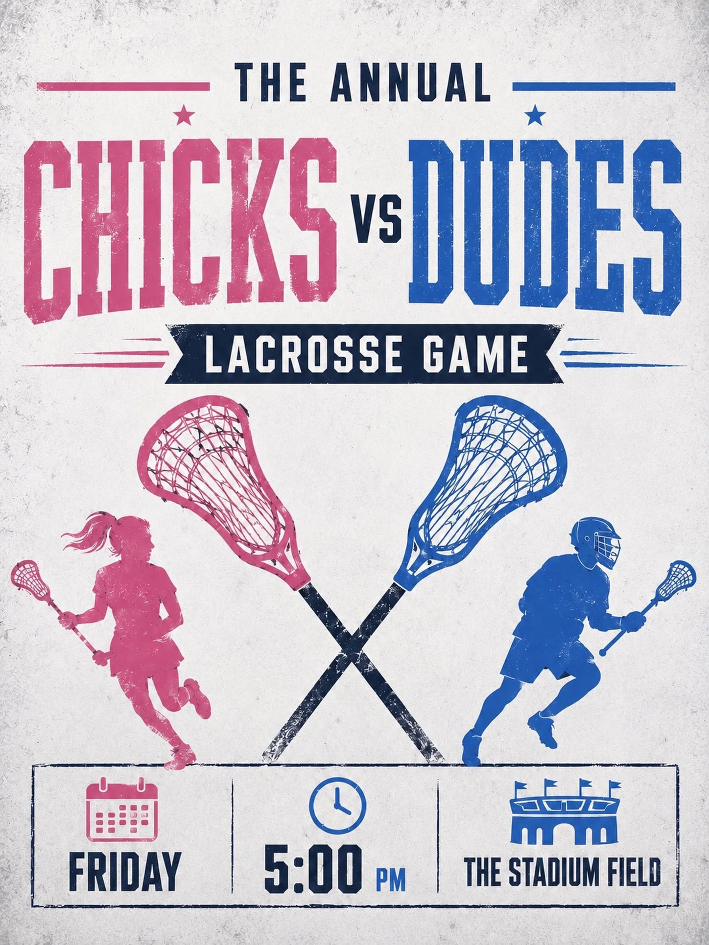Join us today for a new annual tradition. Chicks v. Dudes. Today, Friday, at 5pm in Thalassa Stadium. See you there!
