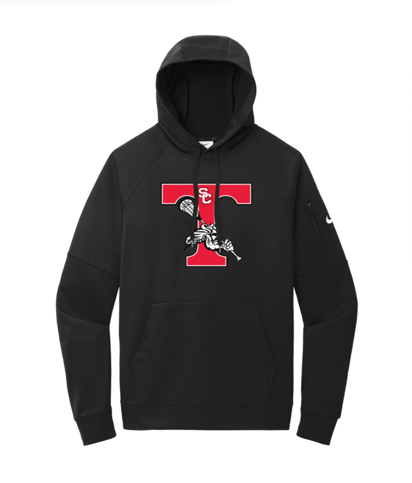 Black hoodie with a large red and white logo of a letter 'T' with a swimsuit-wearing skeleton holding a football in front of it, and a small white Nike swoosh on the left sleeve.