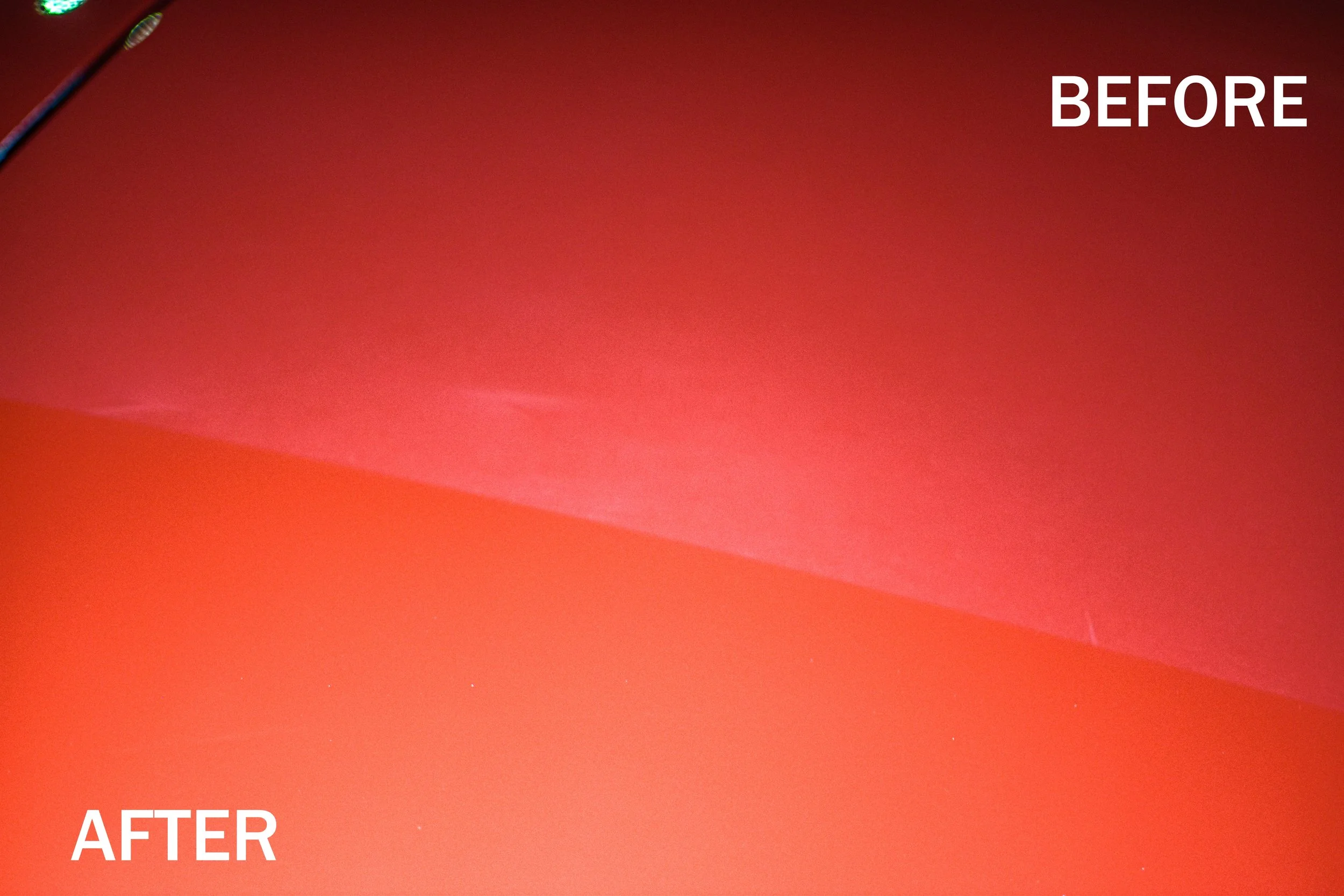Close-up of a polished red-orange surface before and after cleaning or polishing, showing a smoother and shinier appearance in the 'after' section.