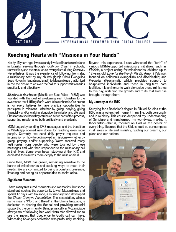 International Reformed Theological College (IRTC) logo and a photograph of two men, one holding a certificate, smiling indoors.