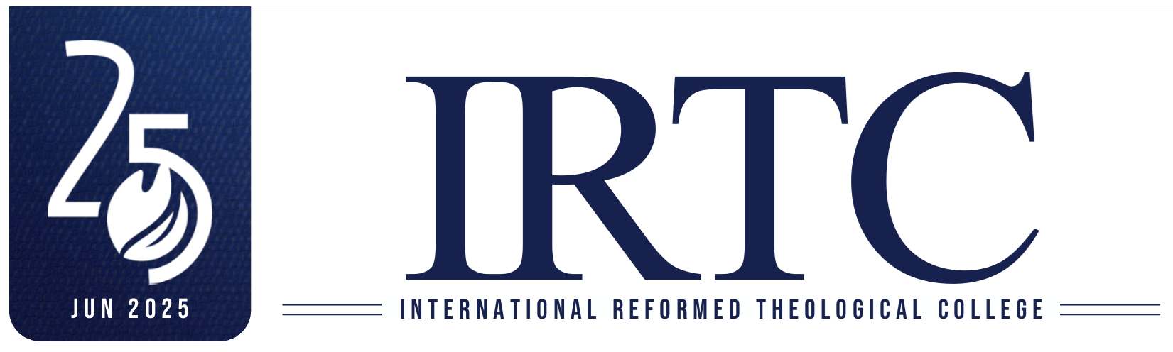 Logo for the International Reformed Theological College with a blue and white color scheme, featuring the initials 'IRTC' and the date 'June 2025'.