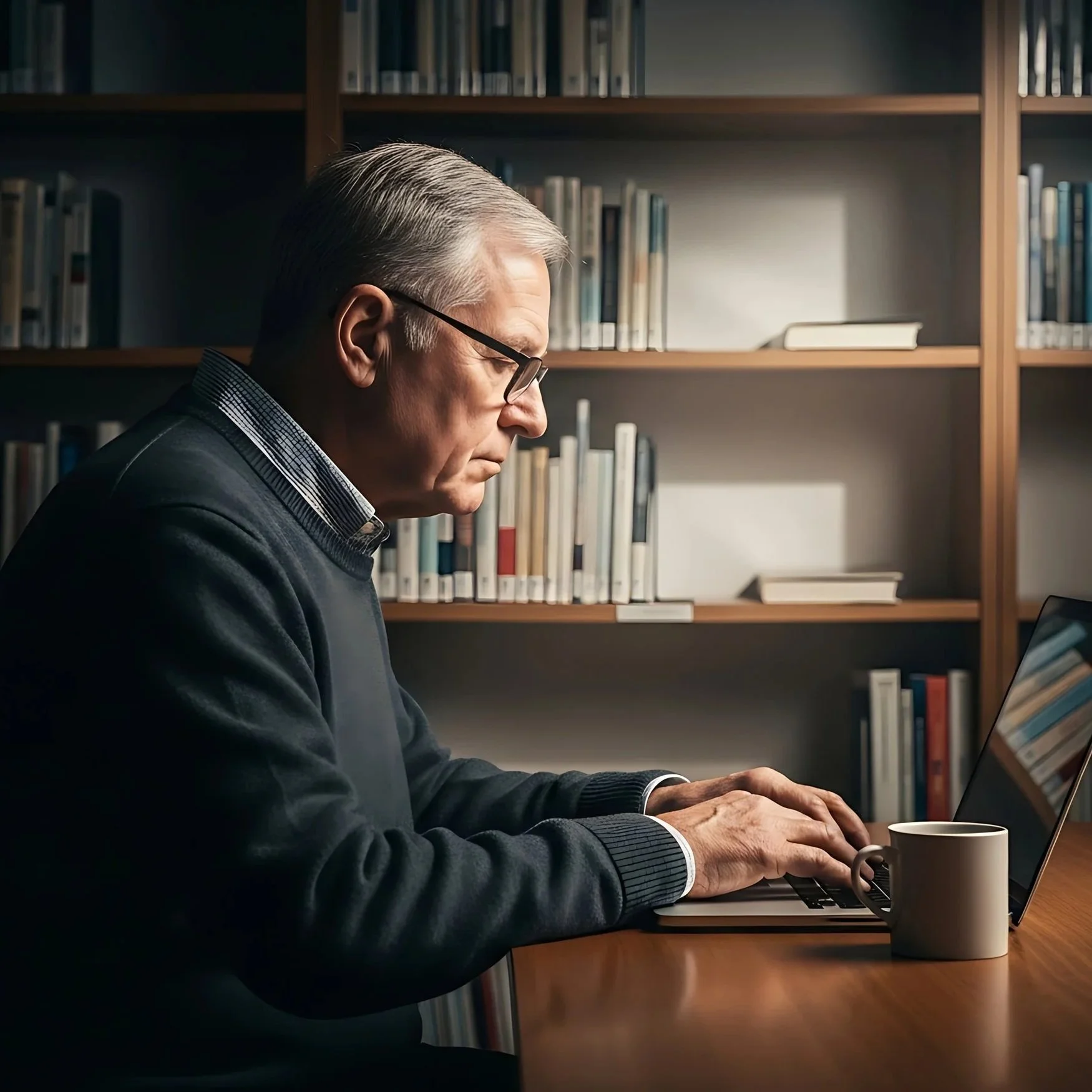 An elderly man with glasses working on a laptop in a library, with shelves of books behind him and a coffee mug on the desk.