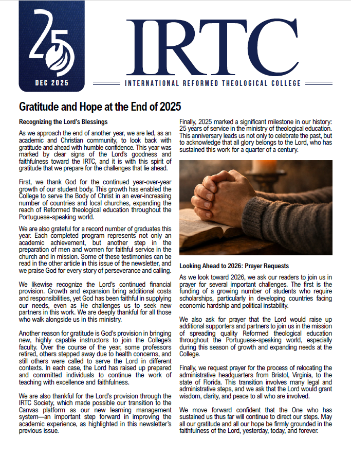 IRTC logo with the text '25 DEC 2025' and an overview article about the 25th anniversary of the International Reformed Theological College.