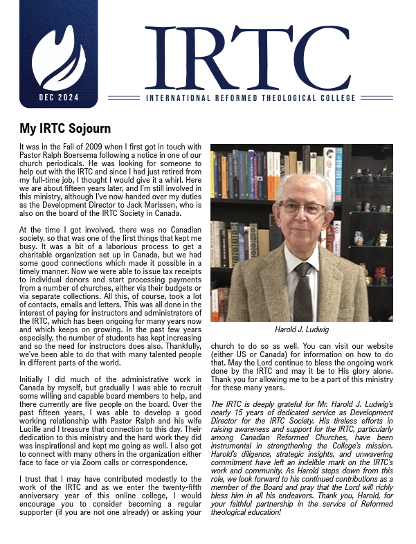 A newsletter from the International Reformed Theological College (IRTC) with a photo of Harold J. Ludwig. The page features a letter of thanks for his contributions and involvement with the college, along with an image of Harold Ludwig in front of bookshelves.