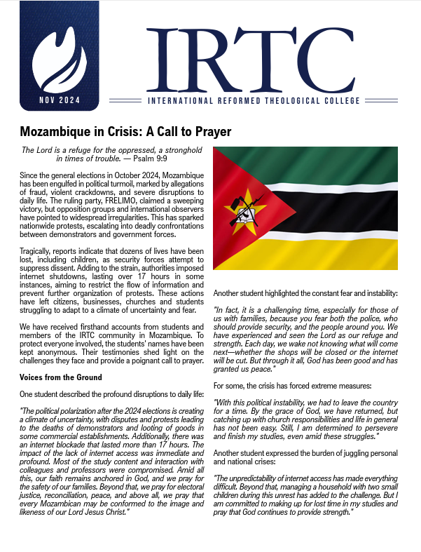Cover of IRTC magazine, November 2024, with a logo and headline about Mozambique in crisis and a prayer appeal.