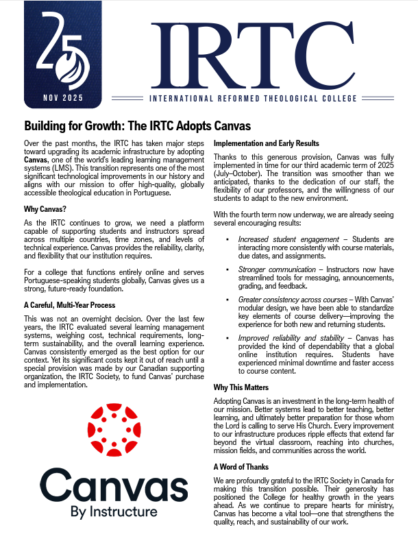 Logo for IRTC, 25th anniversary, November 2025, with text about adopting Canvas LMS for the International Reformed Theological College, explaining the benefits, process, and gratitude for the transition.