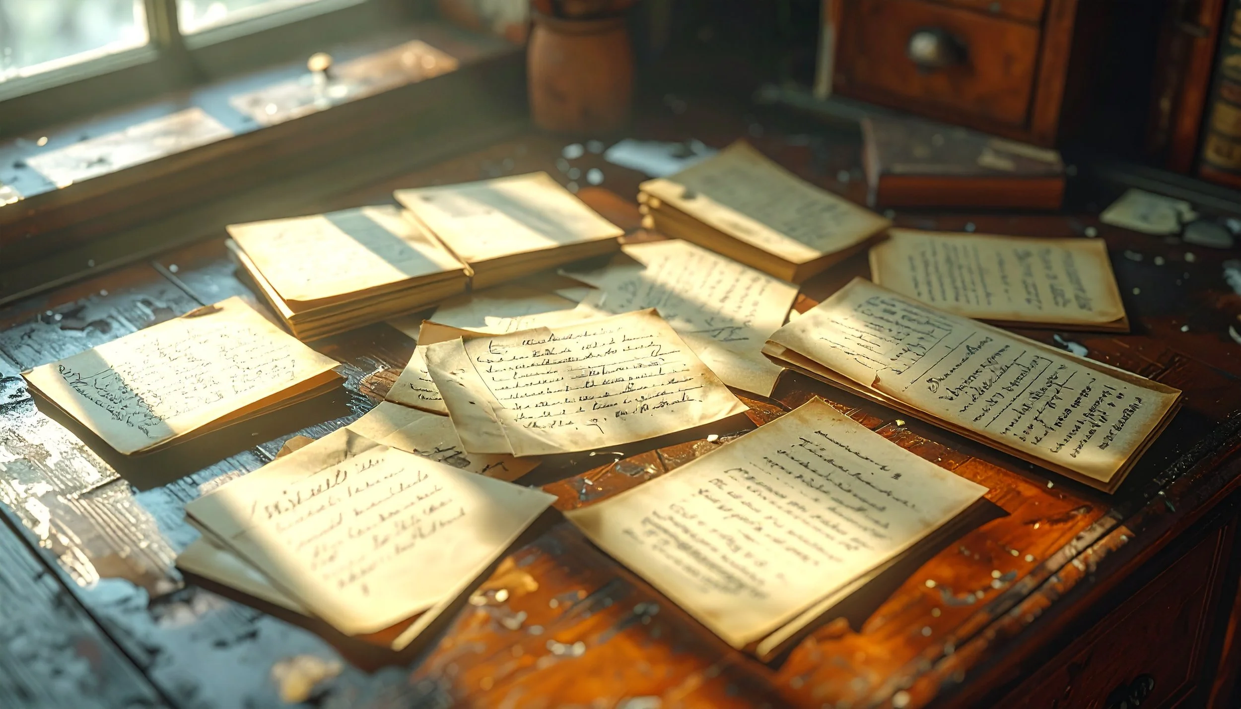 Old handwritten letters spread out on a wooden table, illuminated by sunlight from a nearby window.