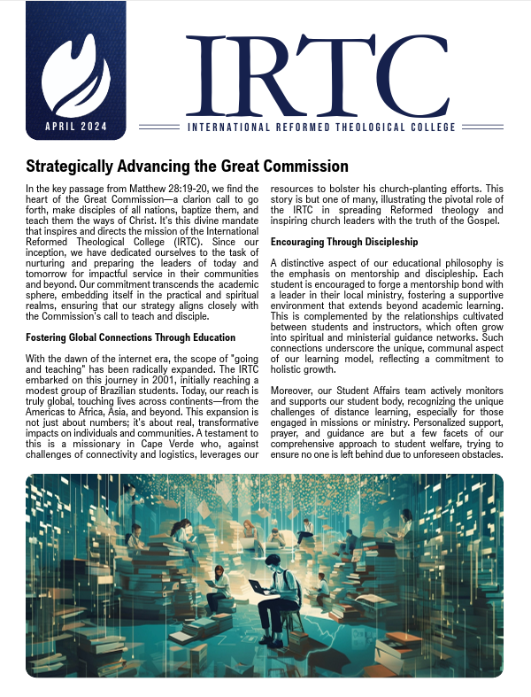Cover page of IRTC April 2024 newsletter with logo, title, and an illustration of students studying in a futuristic digital library.
