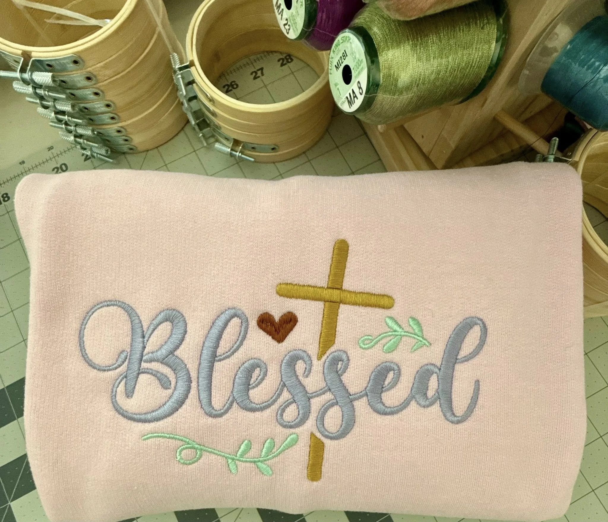 Blessed with cross and flowers sweatshirt pink close up.jpg
