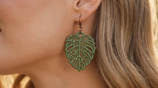 Monstera Leaf in Metallic Thread - Green - Free standing lace earrings