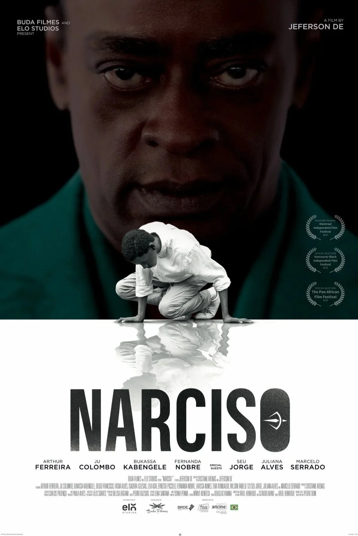 Poster for Narciso. A close-up of a man’s serious face on a black background above a small boy in white crouching on the ground, with his reflection below.