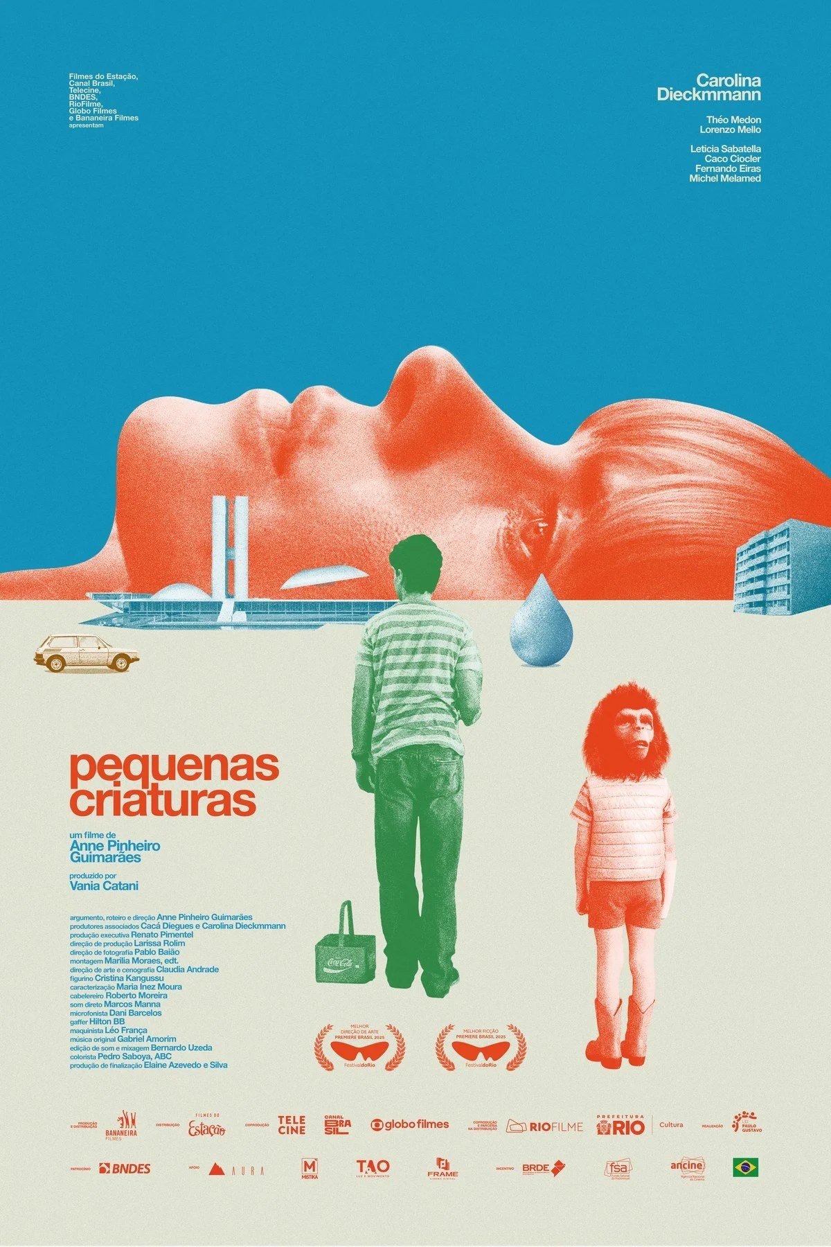 Poster for Little Creatures. An illustration of a giant reclining head in orange-red above a green boy and a pink girl standing in front of the modernist buildings of Brasília.