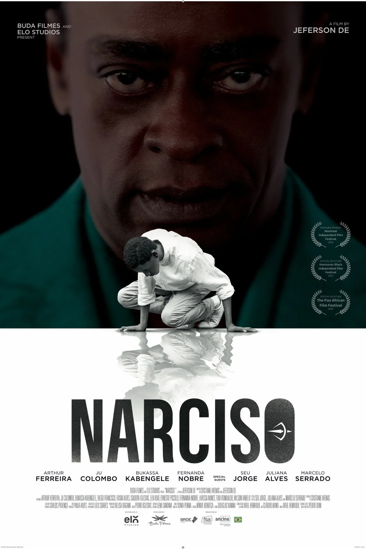 Poster for Narciso. A close-up of a man’s serious face on a black background above a small boy in white crouching on the ground, with his reflection below.