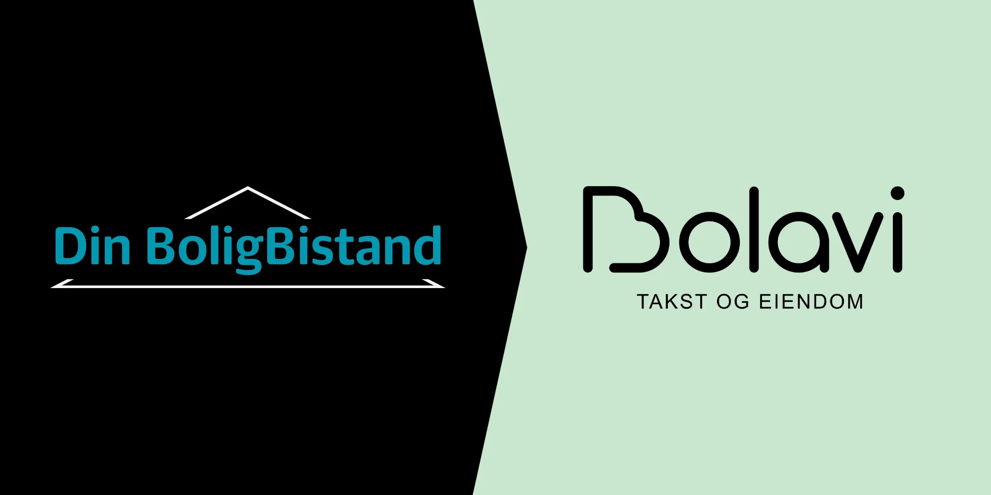 Denne bildet viser logo for 'Din BoligBistand' på venstre side med en enkel hus-ramme i hvitt på svart bakgrunn, og logo for 'Bolavi' på høyre side med teksten 'TAKST OG EIENDOM' under, på en lysegrønn bakgrunn.