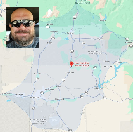 A map showing Aztec, Farmington, Durango & Four Corners service area for Live Free Mobile RV.