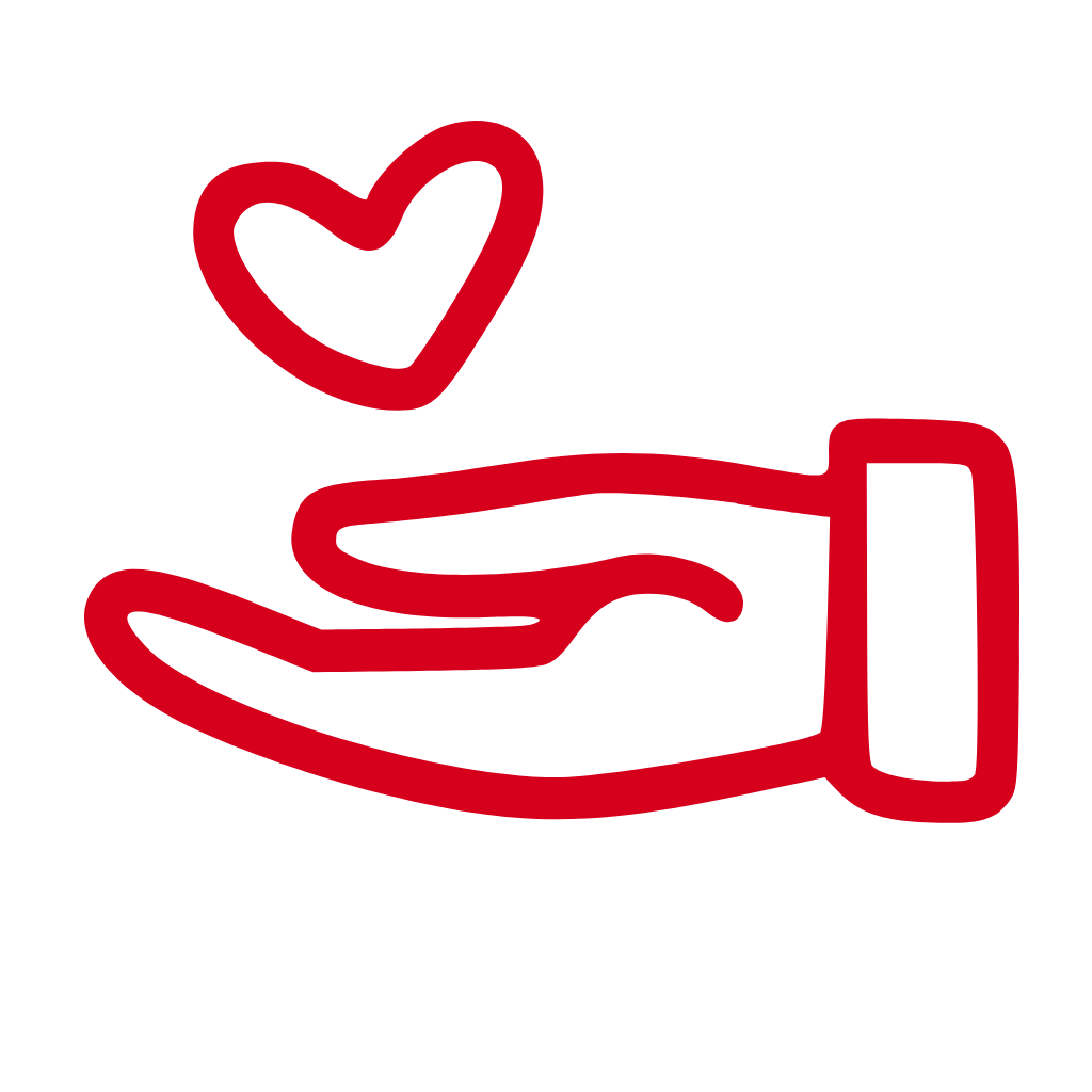 A red line drawing of an open hand with a heart above it.