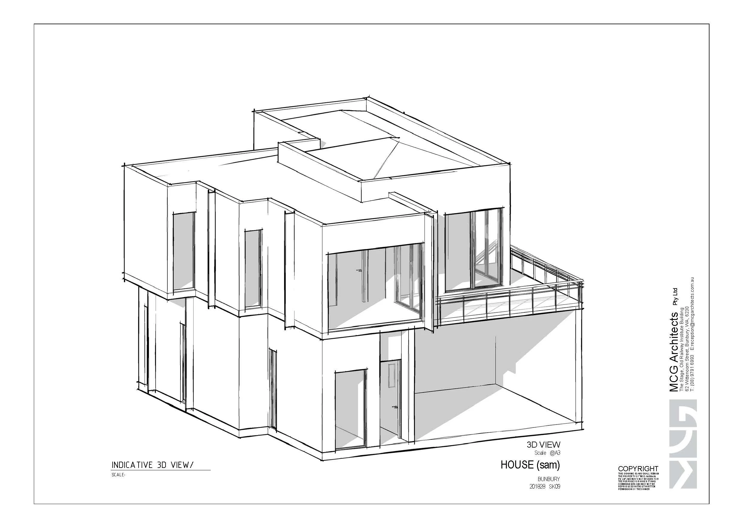 A 3D architectural drawing of a modern two-story house with multiple windows, doors, and a balcony. The sketch shows the outer structure and layout of the house.