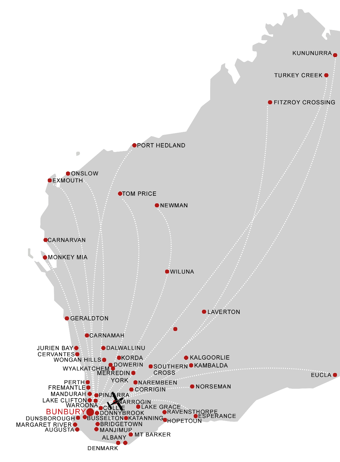 Map of Tasmania showing various locations marked in red, with a black arrow pointing at a specific location labeled Bungary, in red text.
