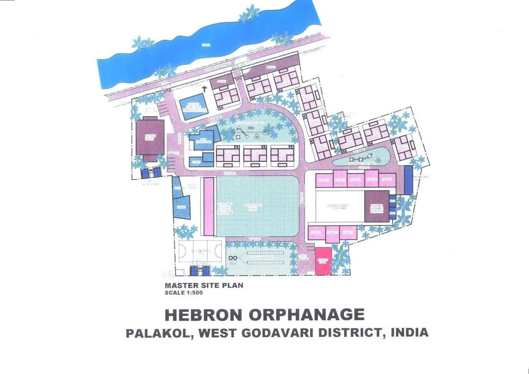 Master site plan of Hebron Orphanage in Palakol, West Godavari District, India, showing layout and buildings including residential, recreational, and educational facilities, with a scale of 1:500.