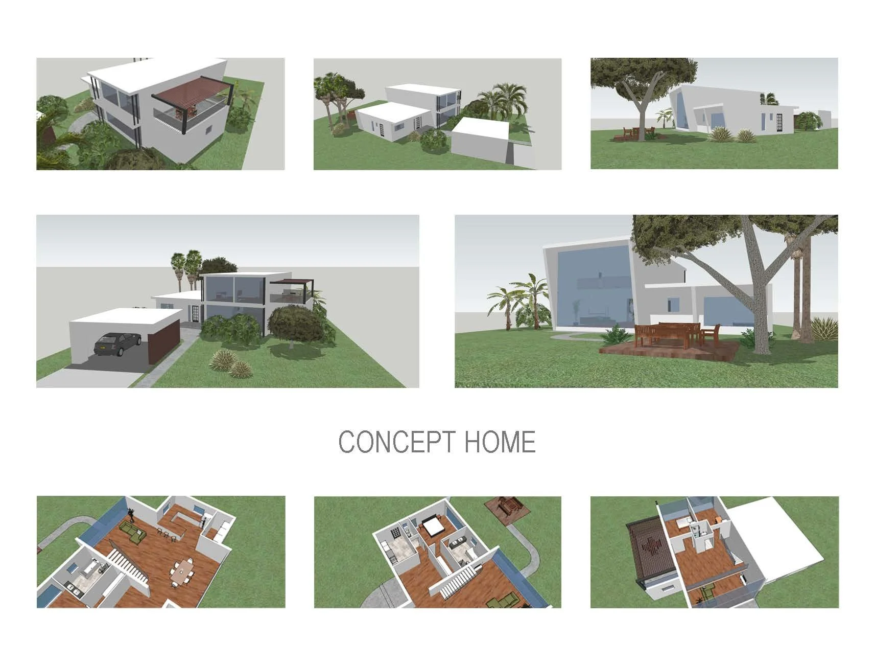 Digital architectural renderings of a modern concept home from various angles, including ground and aerial views, showcasing outdoor landscaping, interior layouts, and floor plans.