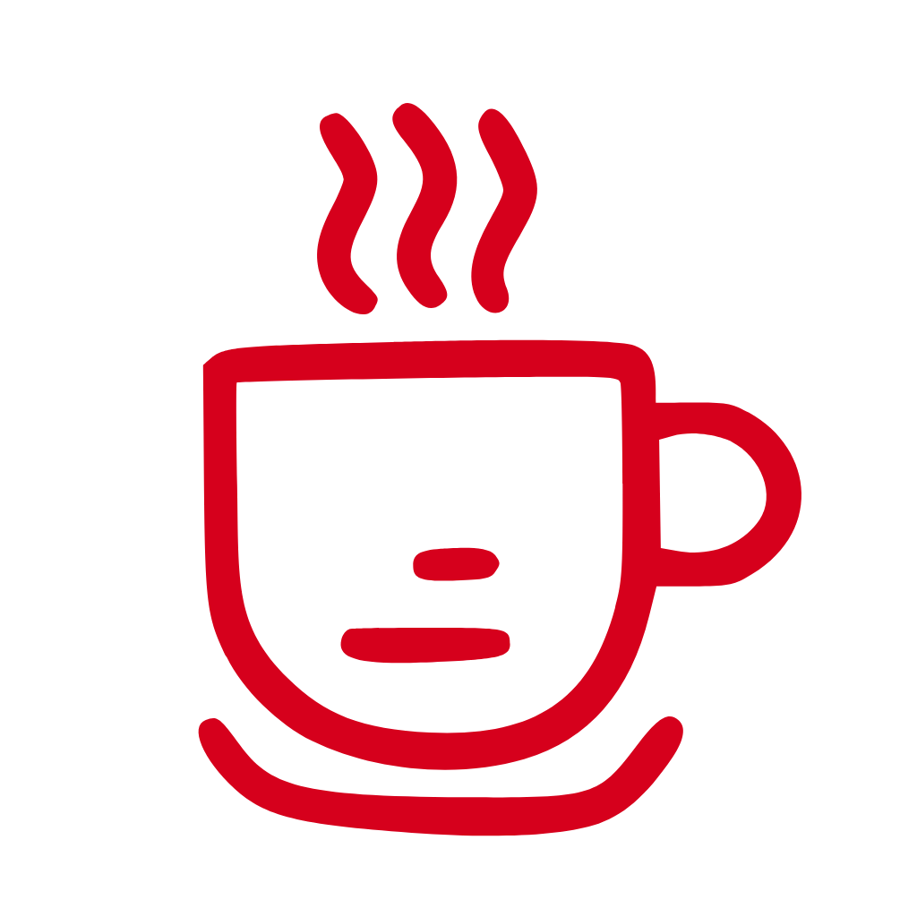 Simplified red line drawing of a coffee mug with steam rising from it, featuring a minimalist face design with eyes and a mouth.