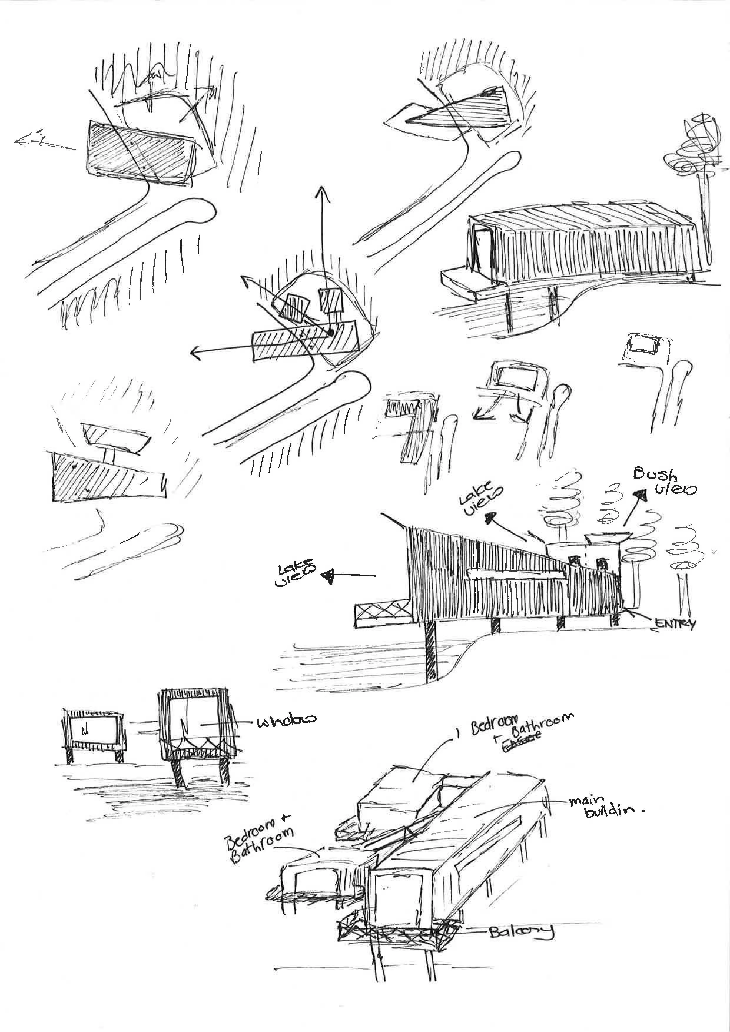 Hand-drawn sketch of a building and landscape design, including labeled features such as lakes, a main building, bedrooms, bathrooms, balcony, entryway, and smoke stacks, with various perspective views