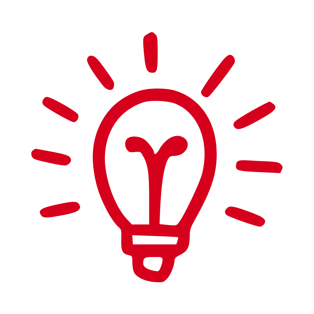Red sketch of a light bulb with rays extending outward, symbolizing an idea or creativity.
